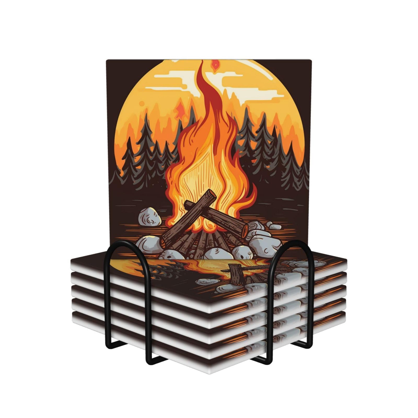 6Pcs Ceramics Coaster for Drinks, Bonfire Cup Coasters with Holder, Aesthetic Drink Coasters for Coffee Table, Absorbent Round Coaster for Tabletop Protection 4" Cup Mat Pad