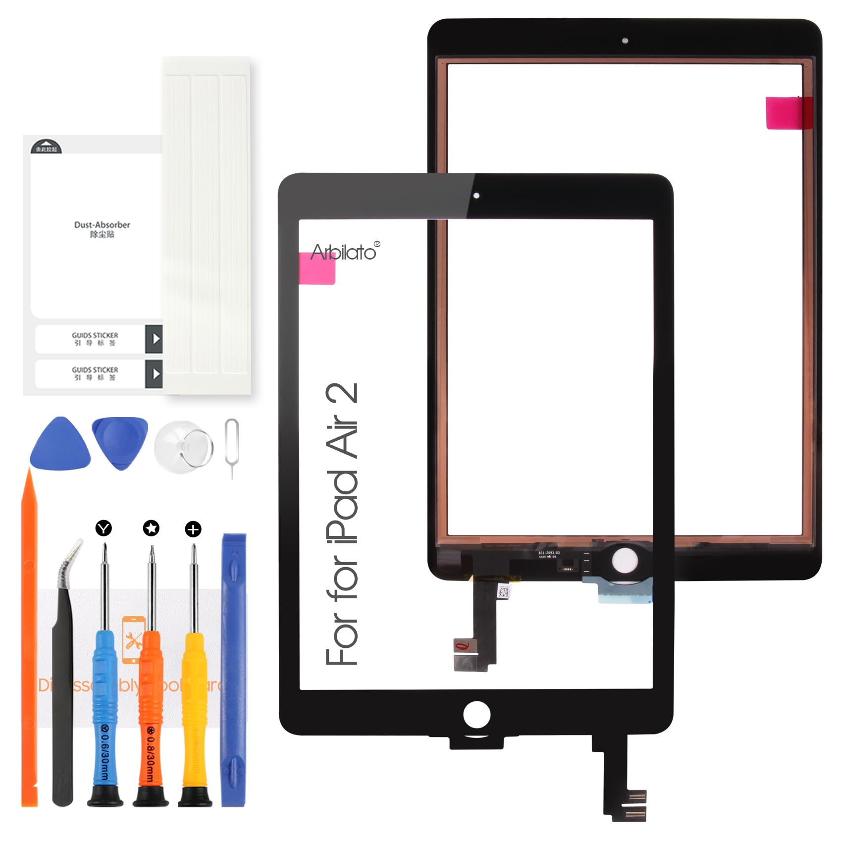Écran pour iPad Air 2 9.7 A1566 A1567 Écran Tactile pour iPad Air 2nd Génération Numériseur Verre Capteurs Écran Remplacement Kit (Noir)