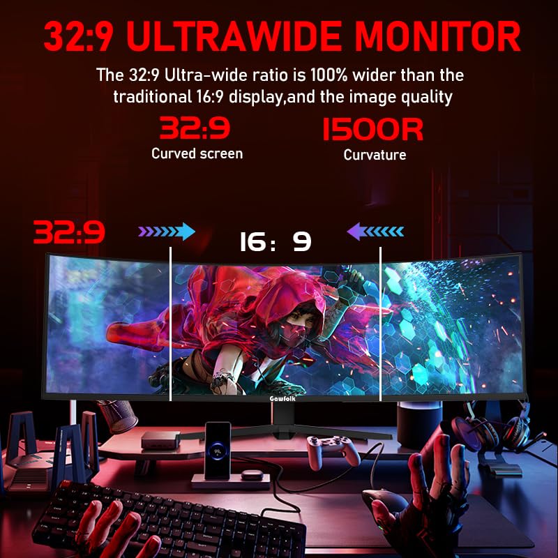 Image of Gawfolk 49 Inch Curved Gaming Monitor, 5120x1440 Dual QHD, 120Hz, 1500R, AMD FreeSync, 32:9, Height Adjustable Ultra-Wide Computer Screen for Multitasking