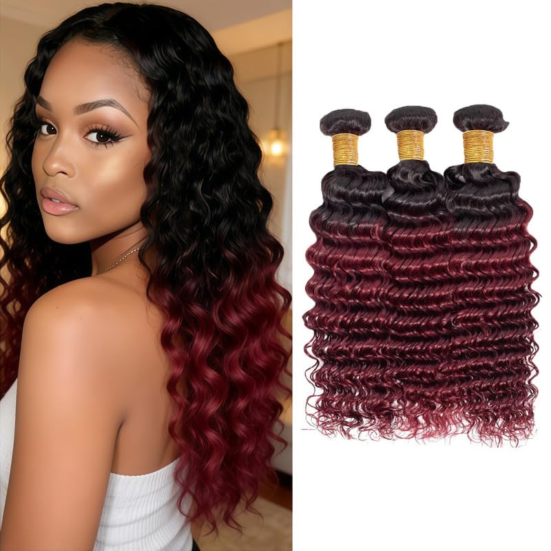 T1B/99J Ombre Burgundy Bundles Human Hair Deep Wave 14 16 18 Inch Deep Wave Human Hair Bundles Brazilian Virgin Remy Quick Weave for Black Women T1B/99J Color