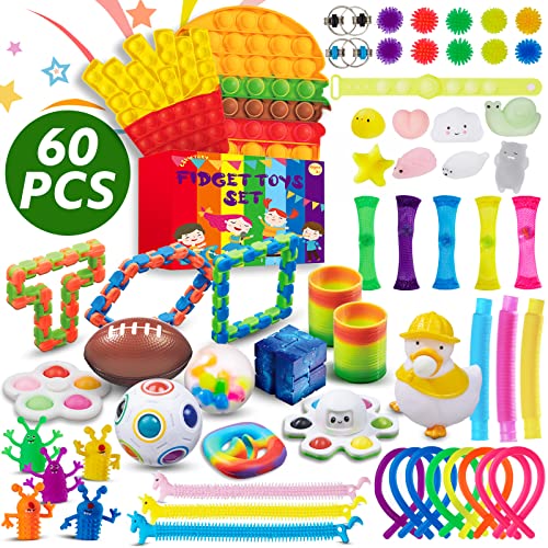 Fidget Toy Pack, Sensory Fidget Toys Set Push Pop Fidget Toys Big Fidget Pack for Autistic Children Fidget Toy Box for Adults (60 PCS Pack)