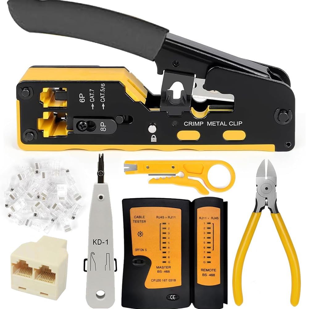 MIKUER RJ45 Crimp Tool Kit, Network Cat5 Cat6 Cat7 Crimping Tool Repair Kit Includes Cable Tester,KD-1 Wire Cutter,Ethernet connector 1 point 2 adapter，Mini Stripper, 10Pcs Connectors