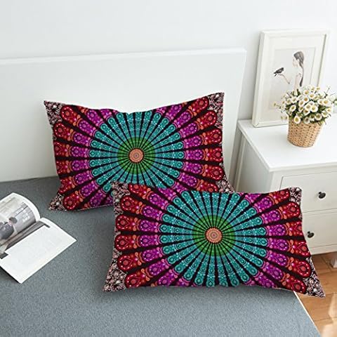 Koongso Boho Mandala Pillow Cases 2 Pieces Floral Paisley Pattern Printed Pillowcases Indian Hippie Themed Square Bedclothes Cover
