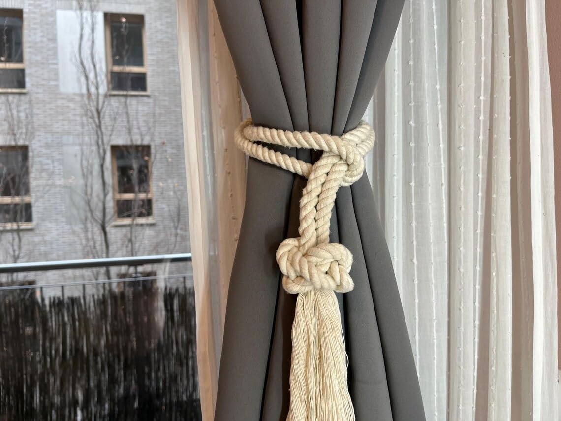 MAKNGRID (354303) Cotton Curtain Tiebacks with Diamond Knot and Tassel, Beige, Boho Style, Pack of 2 Contemporary Curtain Holdbacks Modern Drapery Holdbacks Neutral-Toned Drapery Accessories 1