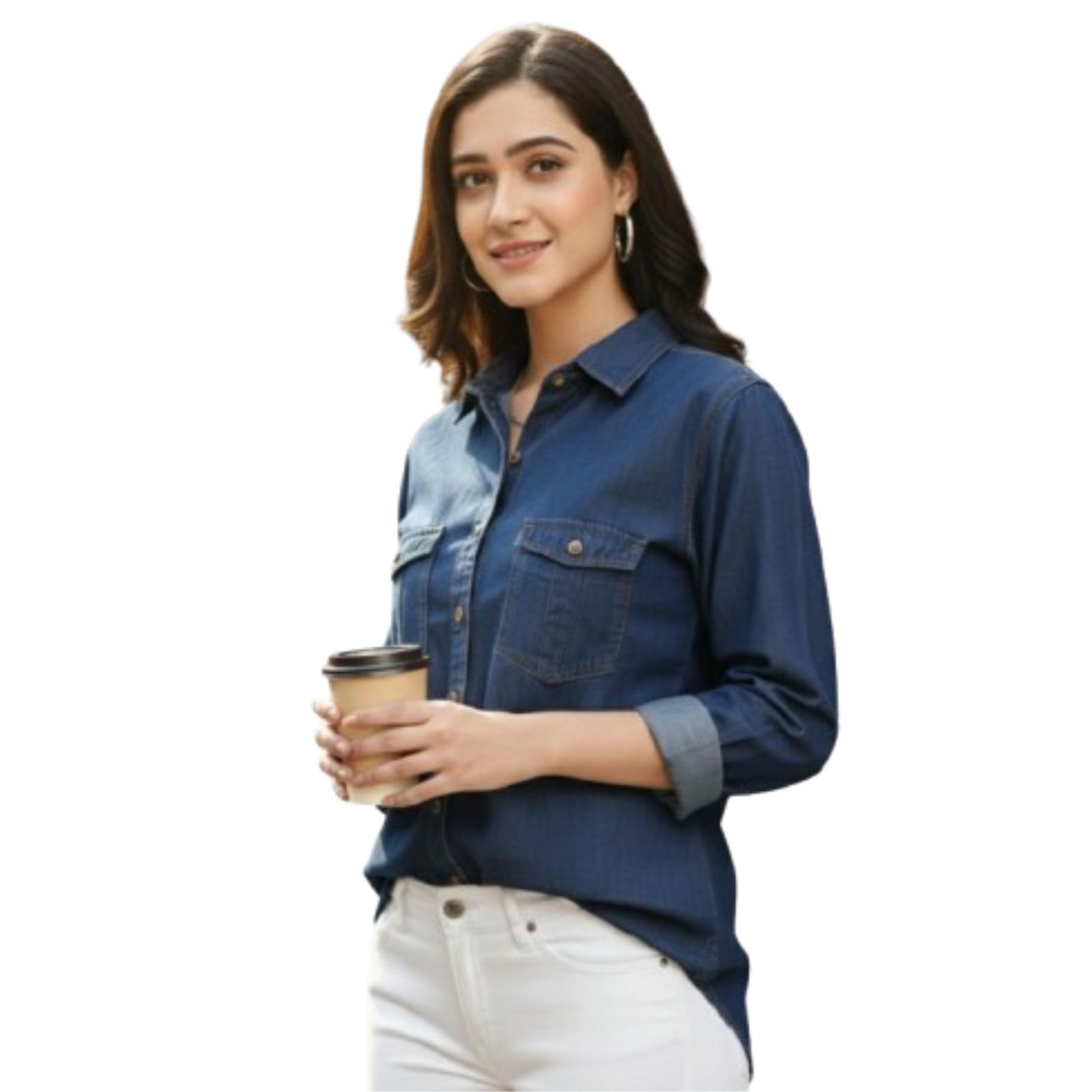Women's Denim Shirt with Regular Fit Solid Pattern Long Sleeve Collared Neck and Button Down Closure|Women's Denim Shirt-image-23