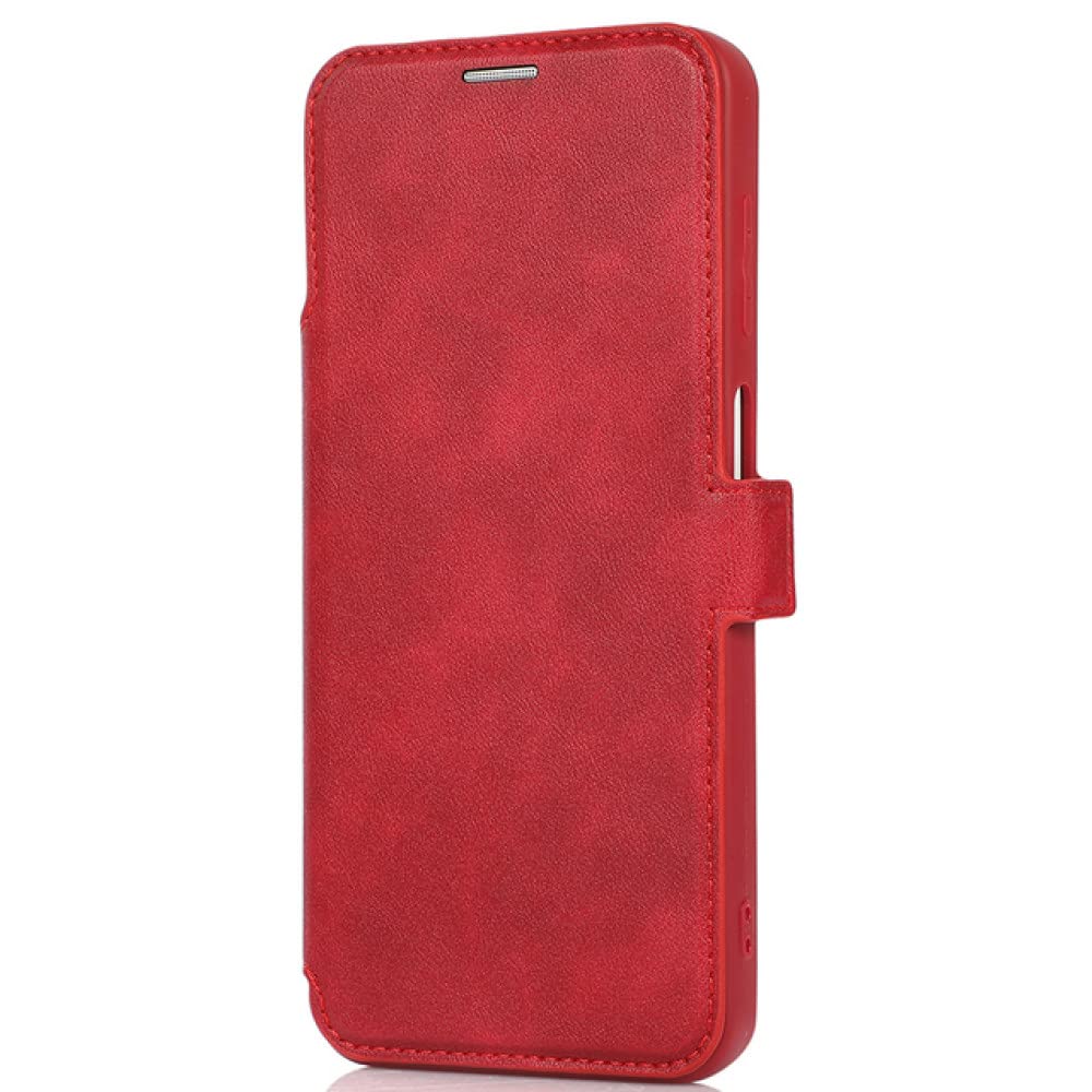 Étui à rabat en cuir pour iPhone 14 Pro Max rouge avec housse d'objectif