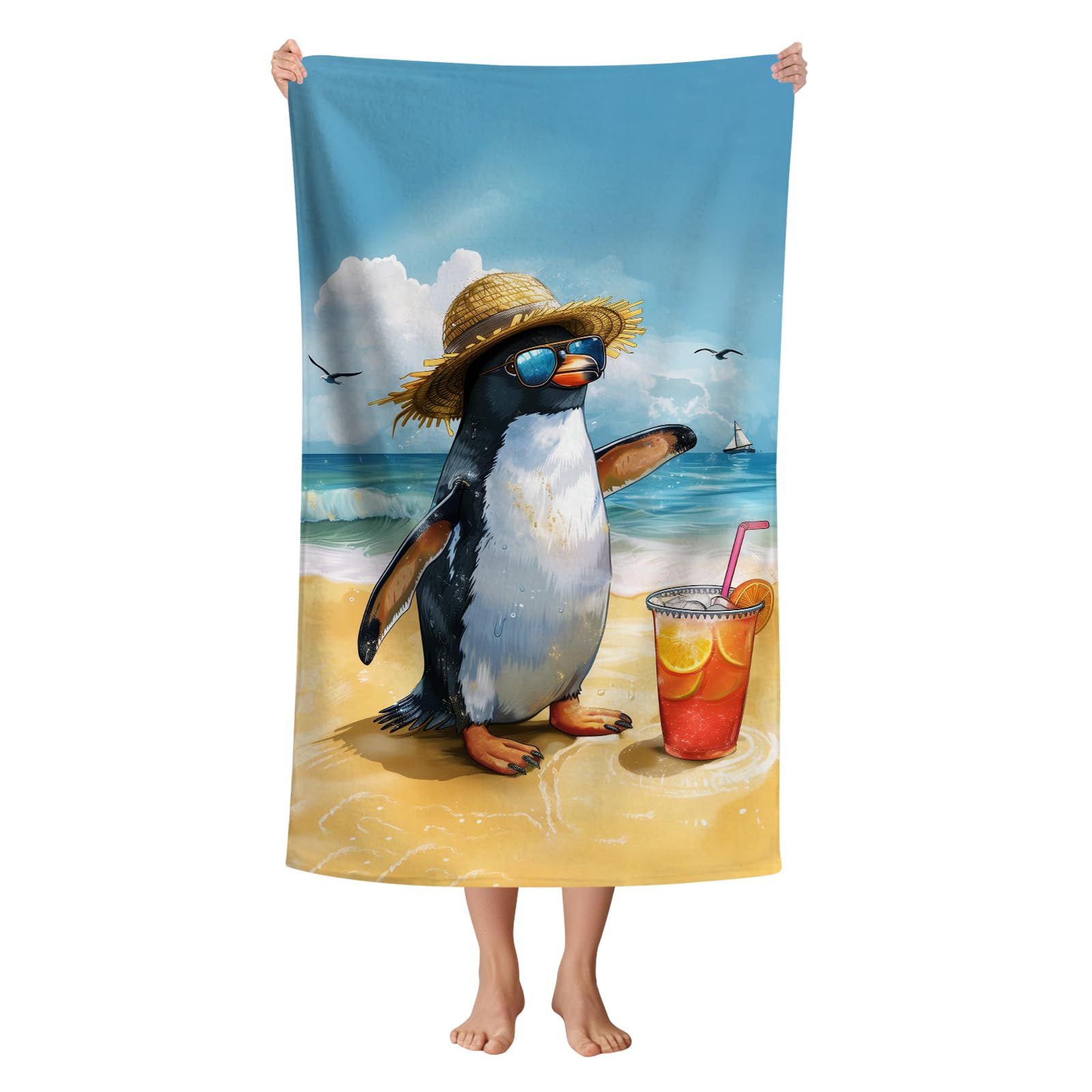 WZOMT Microfiber Penguin Beach Towel, Cute Penguin with Sunglasses Summer Beach Print Towels for Kids Boys Girls, Funny Quick Dry Absorbent Bath Towel