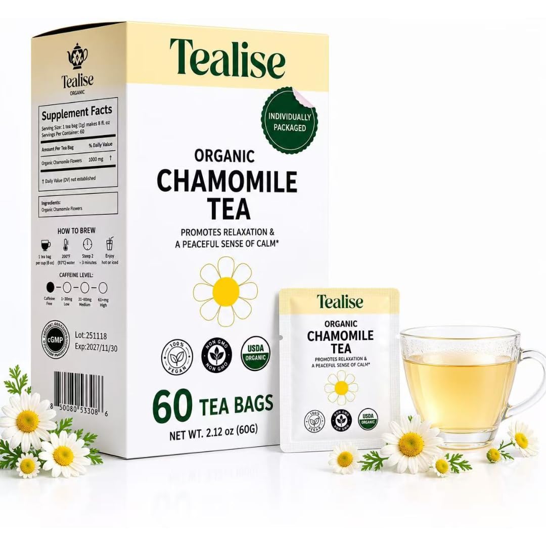 Organic Wellness Herbal Tea 60 Servings Plant-Based Tea Bags – Caffeine Free with individual Wrap (Chamomile)