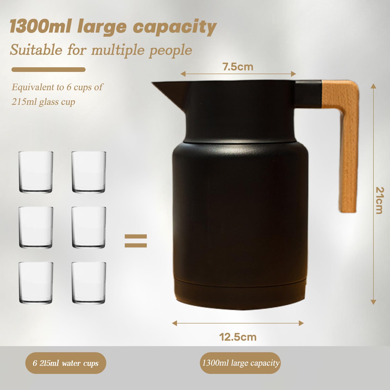 Pichet Isotherme, Thermos Sous Vide Isolé, Carafe À Café Thermique En Acier Inoxydable, Manche En Bois, Pour Le Café Au Thé Chaud Et Froid, Cuisine, Bureau, Hôtel (Noir,1300ml)