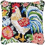 Colorful Rooster and Flowers Latch Hook Pillow Kit for Adults Throw Pillow Cover with Printed DIY Canvas Crochet Yarn Needle Craft Easy Handmade Cushion for Home Sofa Decoration 43x43cm