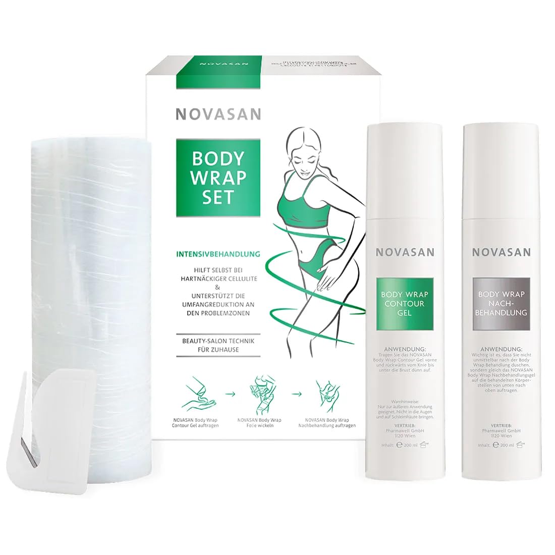 Anti-Cellulite Body Wrap Set mit Thermo-Contour Gel und Folie – Straffende Körperbehandlung gegen Orangenhaut für Bauch, Beine & Po – Professionelle Beautysalon-Technik für Zuhause – NOVASAN®