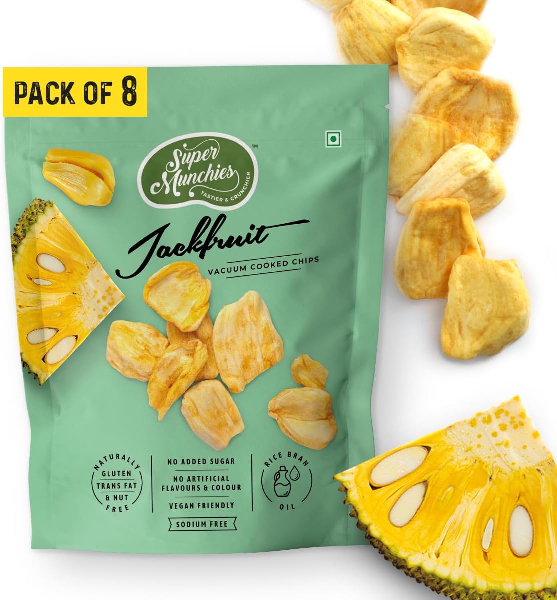 Super Munchies Crunchy Jackfruit Chips | Vacuum Cooked | No Added Sugar, No Salt | Vegan, Gluten-Free, No MSG, No Preservatives | Low Fat, Zero Cholesterol, Trans Fat Free | Healthy Snack (Pack of 8)