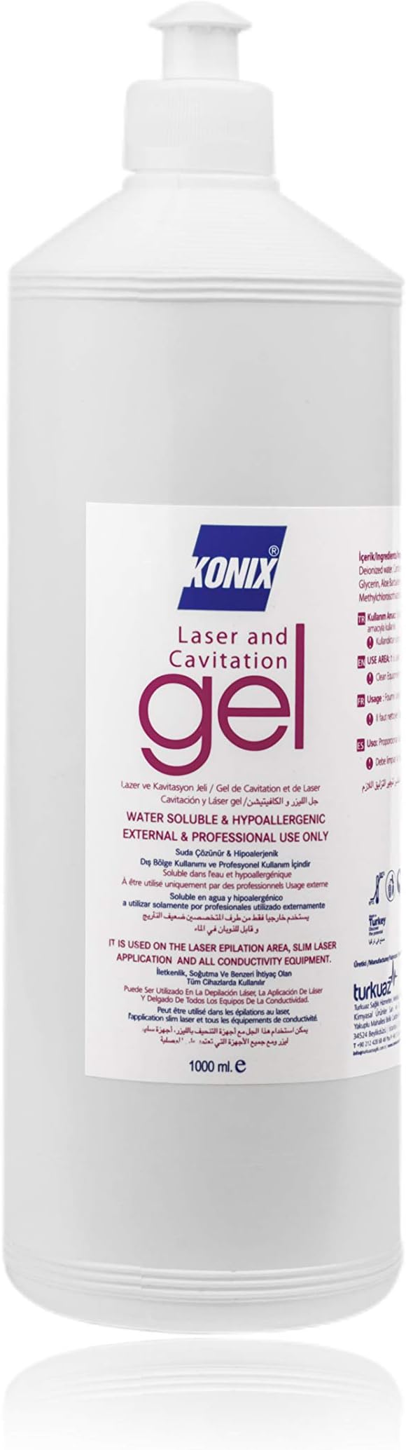 Konix - Cosmetic Gel, for Laser and Cavitation Use, Hypoallergenic, Water Soluble, No Toxic Effects and Odourless, 12 Bottles with spout of 1 L.