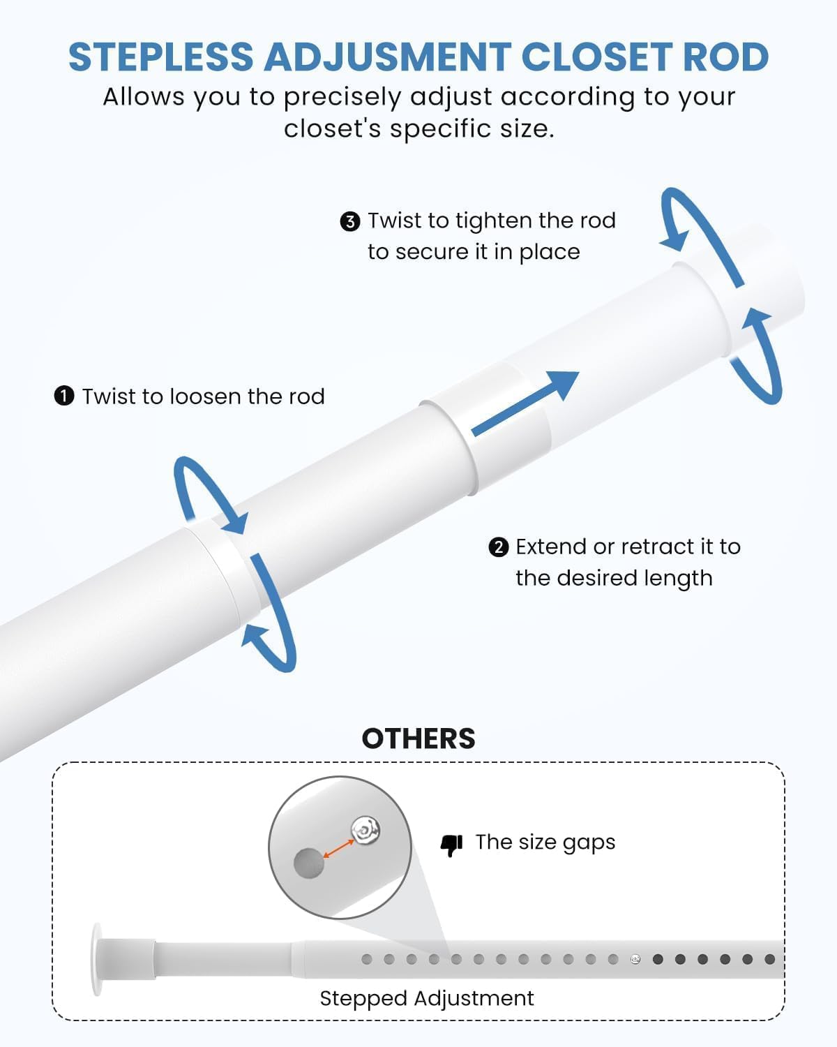クローゼットロッド 衣類吊り下げ用 17~54インチ 無段階調節可能な金属製クローゼットロッド 1.3インチ 高耐久 衣類吊り下げロ