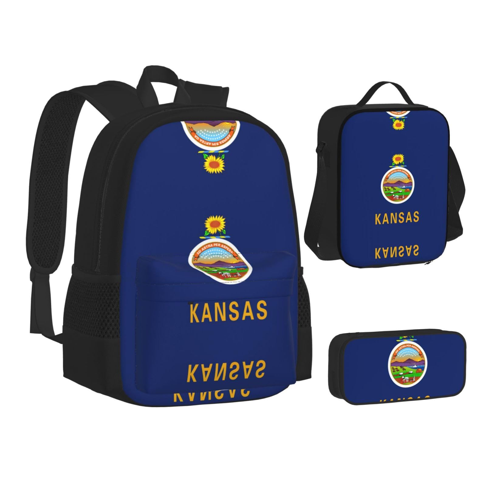 Flaga stanu Kansas plecak dziecko chłopcy dziewczęta pudełko na lunch szkoła torba zestaw uczniów szkół student prezent, Czarny, One Size, Bagaż