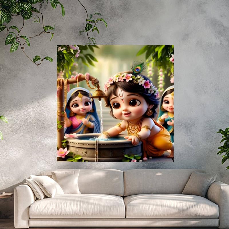 Image of British Terminal Cute little Bal Gopal Baby God Krishna| Kanha Ji | Laddu Lord Makhan Chor Painting Religious Poster for Pregnant Women for wall (matt thin vinyl,sticker,multicolor,unframed)| bj389