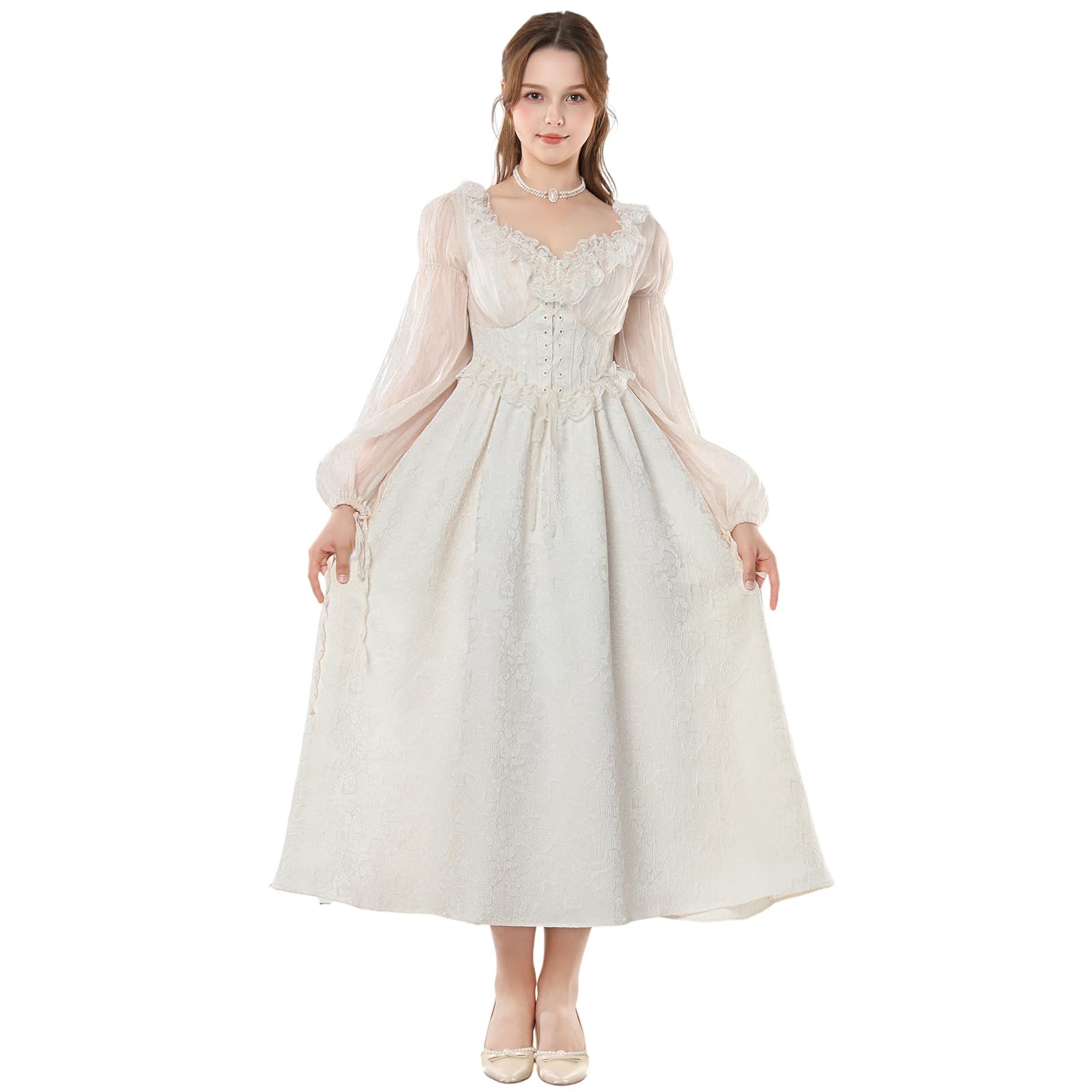 NSPSTT White Renaissance Dress Women Fairy Dress Victorian Medieval Costume