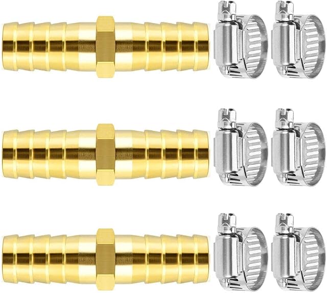 Da by Hose Brass Barb Fitting Barb Splicer Mender 3 pcs 3/8" (10mm) with 6 pcs Stainless Steel Pipe Clamps for Water/Fuel/Air