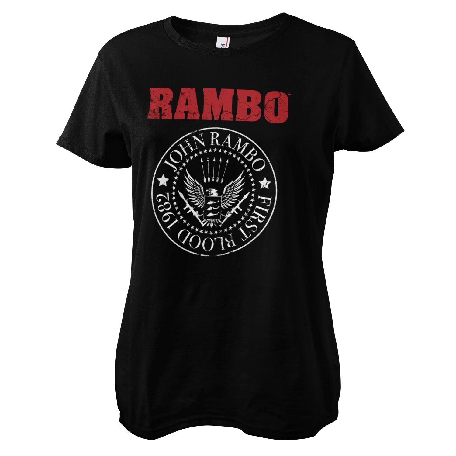 Rambo Women's Black Officially Licensed First Blood 1982 Seal T-Shirt (Black), Small