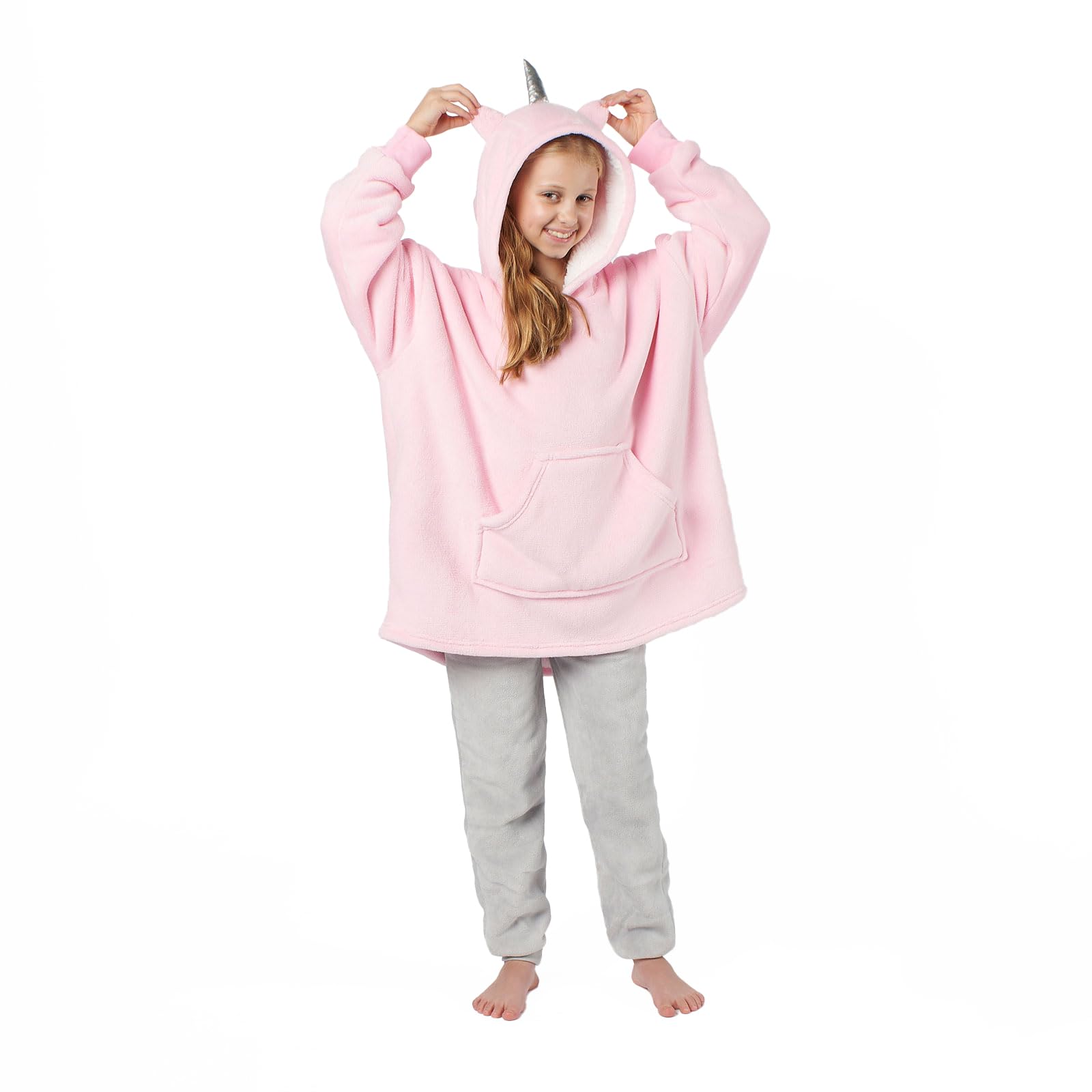 Dreamscene Unicorn Oversized Hoodie Kids, Pink Sherpa Fleece Blanket Hoodie Kids Wearable Soft Warm Thermal Hoodie Throw Blanket for Girls Boys, One Size