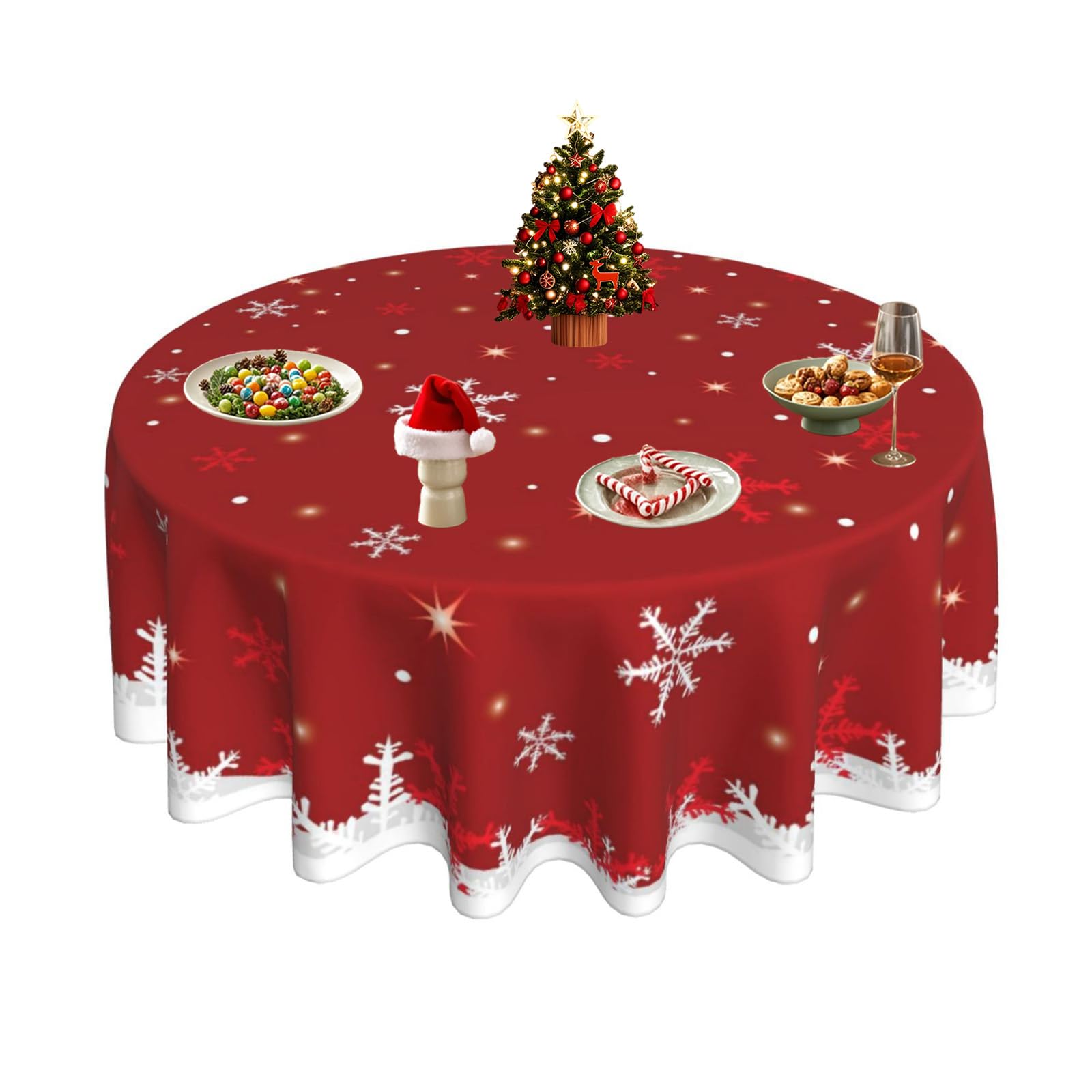 BYONEESS Christmas Tablecloth Round 60 Inch Red White Snowflake Stars Table Cloth Xmas Table Covers for Picnic Party Patio Holiday Home Kitchen Outdoor Decor — image 1