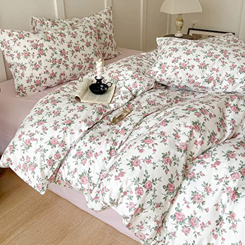 VM VOUGEMARKET Peach Pink Flower Duvet Cover Set Twin Cotton Girl's Blossom Comfoter Cover with Zipper Closure,Cottagecore Bedding Set-68"x86"