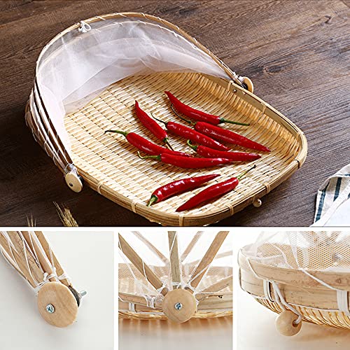 Mwellewm Food Bamboo Food Serving Tent Basket Hand-Woven Basket Serving Dustproof Picnic Basket Vegetable Fruits Bread Food Home Square Food Storage Basket With Mesh Gauze Cover Container thumb #1