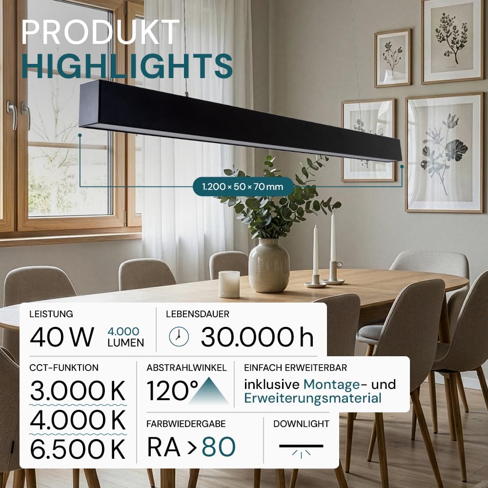 LUXULA LED Pendelleuchte 120 cm Schwarz, 40W 4000lm, 3000-6500K einstellbar, Hängelampe Esstisch Aluminium, Blendarm UGR<23, Deckenlampe Büro Tresenleuchte verknüpfbar, Esszimmerlampe hängend