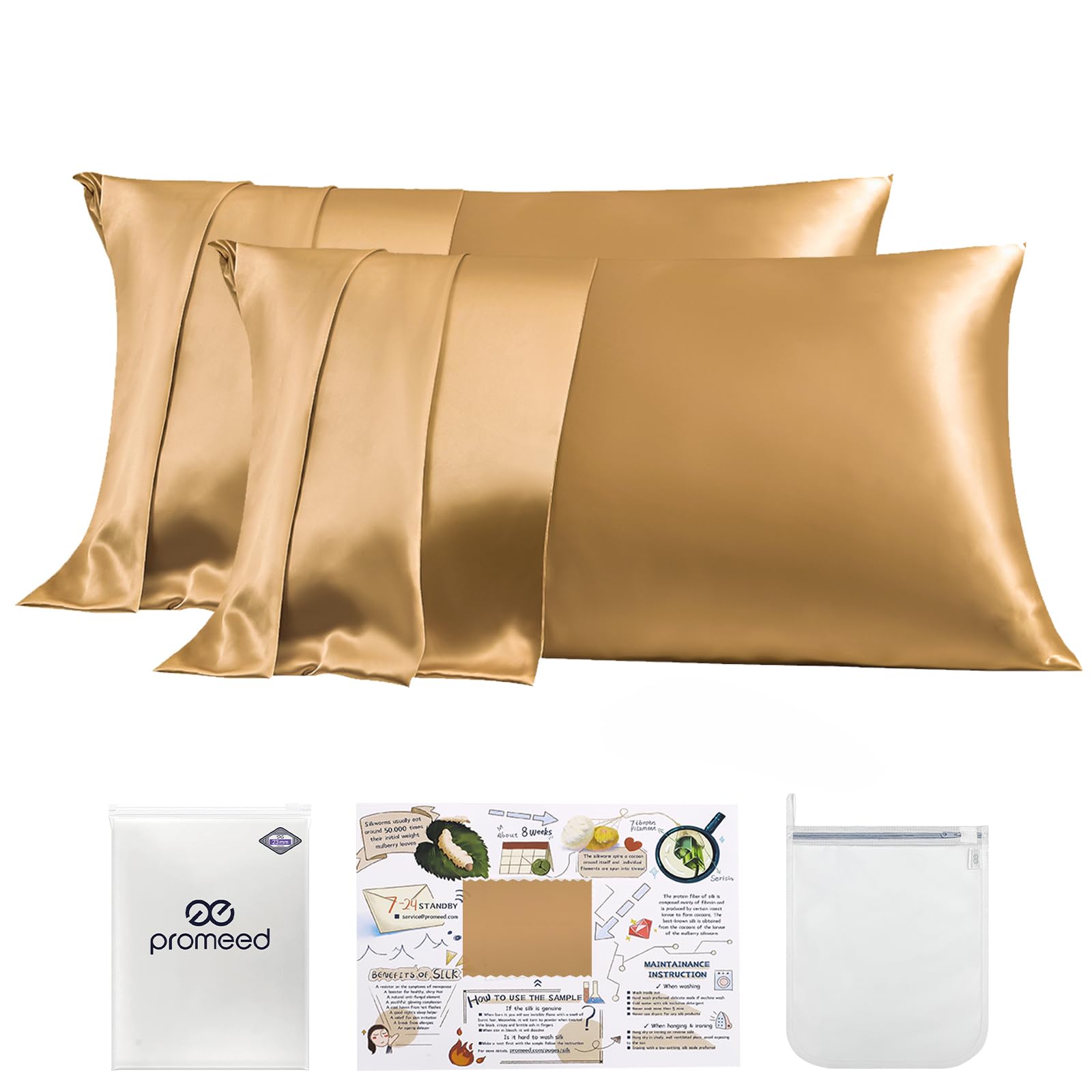 PROMEED 23 Momme Silk Pillowcase 2 Pack with Zipper, 3rd Gen Grade 6A+ 100% Mulberry Silk Pillow Case Set of 2, Cooling Pillow Cases for Hot Sleepers (Standard 20"x26", Gold)