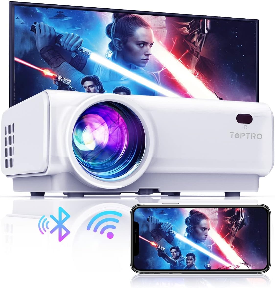 Mini Projector, Wifi Bluetooth projector, TOPTRO Portable Projector Native 1080P, 7500 Lumen Wireless Home Cinema Projectors with 200" Display