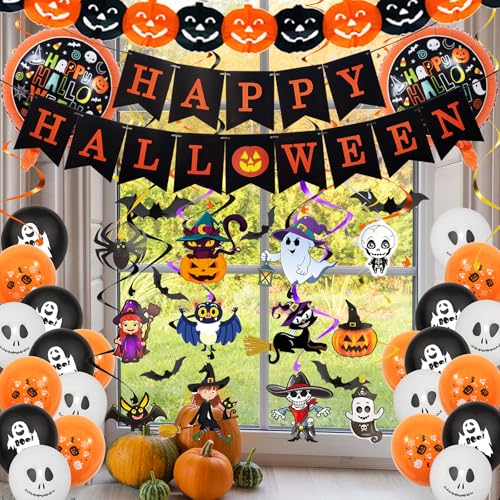65Pcs Halloween Party Decorations Set Include Happy Halloween Banner Pumpkin Banner Hanging Swirl Streamers Bats Wall Decor Balloons Home Decor Party Favors Supplies
