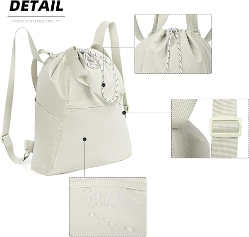 Miniatura 4 de Valleycomfy Mochila deportiva con cordón y bolsa de baloncesto para zapatos y dos soportes para botellas de agua, Beige, Grande, Moderno