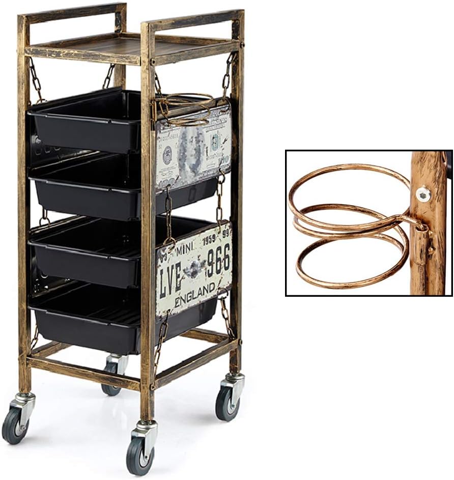 Salon Trolley Retro with 4 Pullout Drawers Hairdresser Barber Beauty Storage Roller Cart for SPA Nail Art
