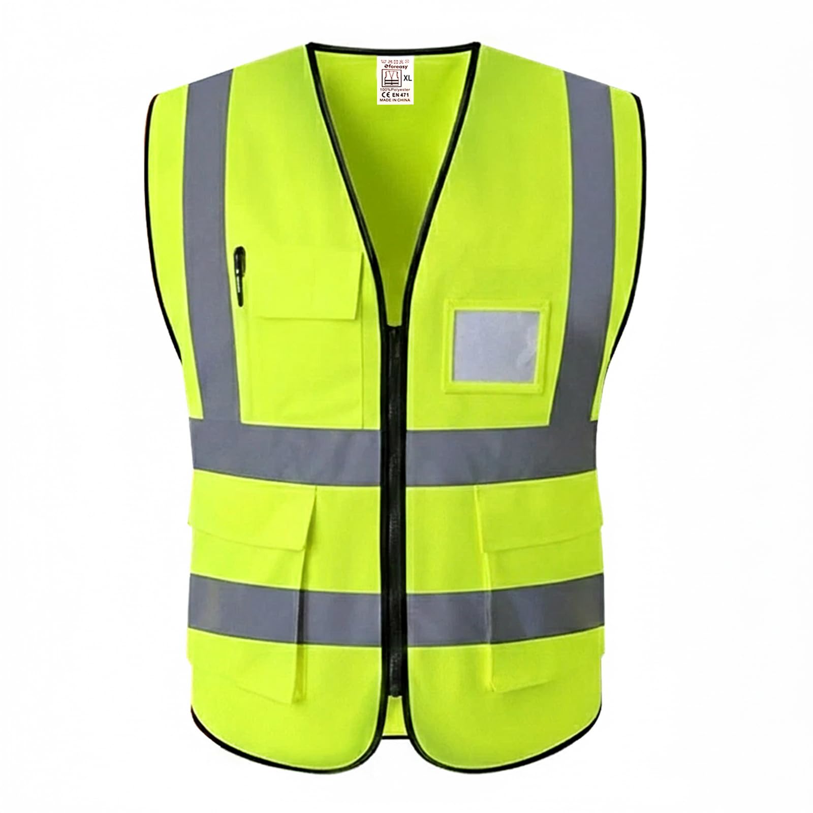 hi viz safety vests yellow with Pockets | Fluorescent Yellow Reflective Work Vest | Reinforced Zipper & Multi-Pocket Tech Storage for Construction & Cycling (Large)