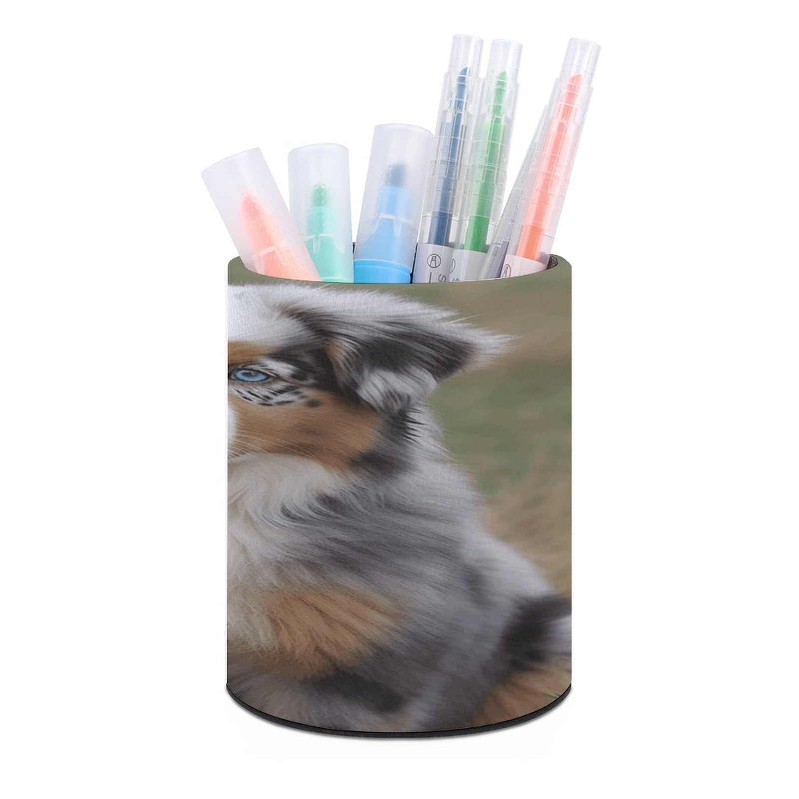 FekiLoot PU Leather Round Pen Holder Australian Shepherd Pencil Holder Desk Organizer Pen Organizer Pen Cup Pencil Cup Caddy Desktop Stationery Organizers for Office Home Supplies