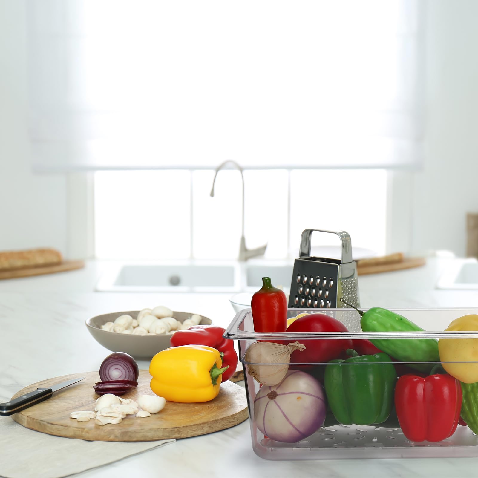 Sunnyray Juego de 6 sartenes de policarbonato de tamaño 1/3 con tapas y estante de drenaje, recipientes cuadrados transparentes para almacenamiento de alimentos para cocina, restaurante, frutas,