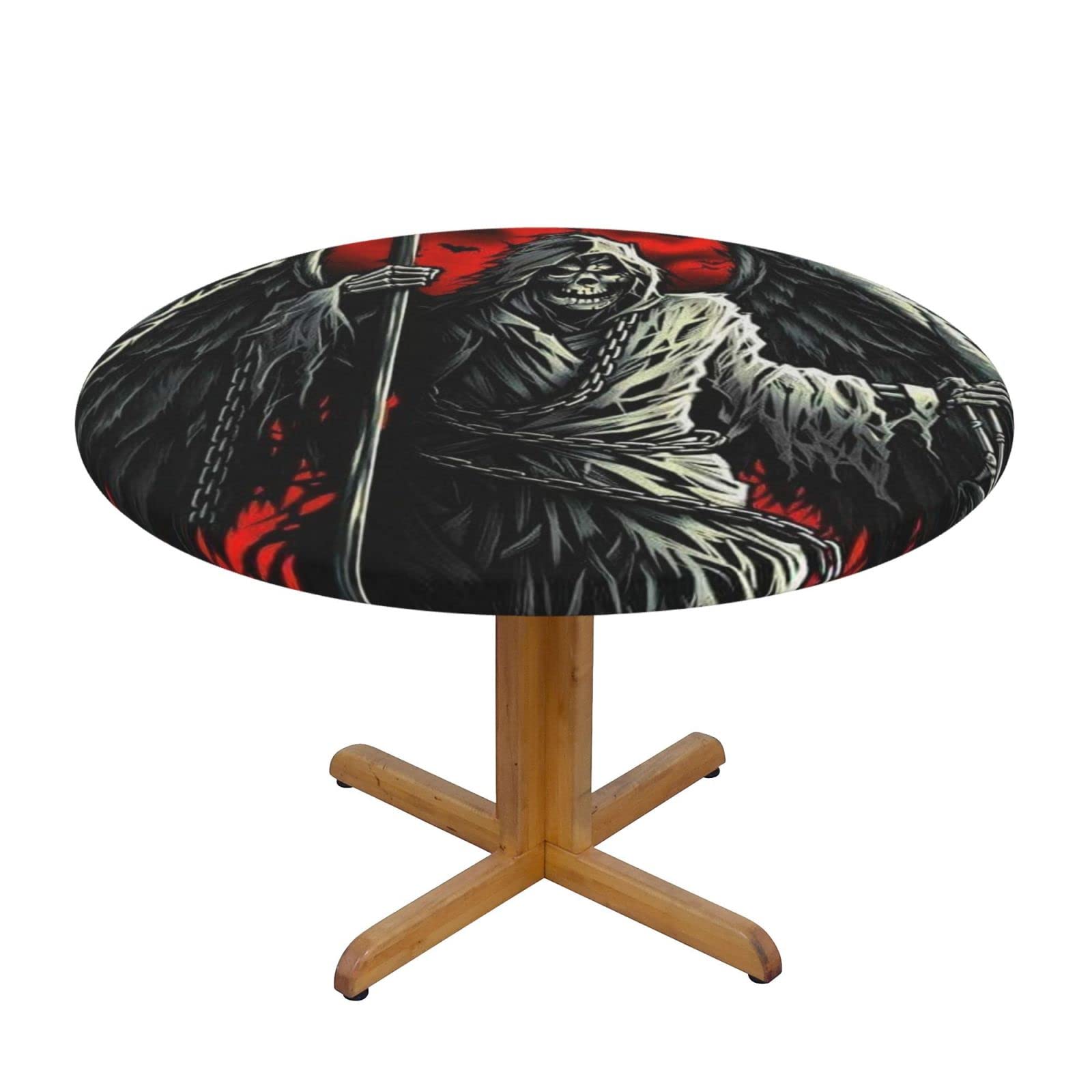 Lsjuee Round Fitted Tablecloth 40-44in Elastic Edged Table Cloth for Kitchen Dining Party Home Decor - Grim Reaper Horror Skeleton Skull Angel Red