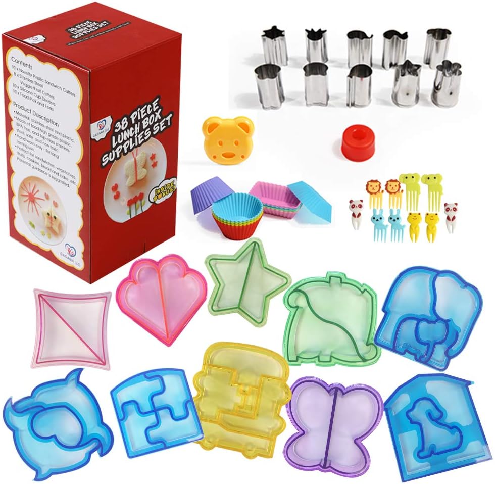 1 Set=38 Pieces+3 Bonus,Lunch Box Supplies,10 Sandwich Cutters for Kids, 10 Stainless steel vegetable cutters,10 Silicone Cup Dividers,10 Food Picks, 1 Bear Stamp