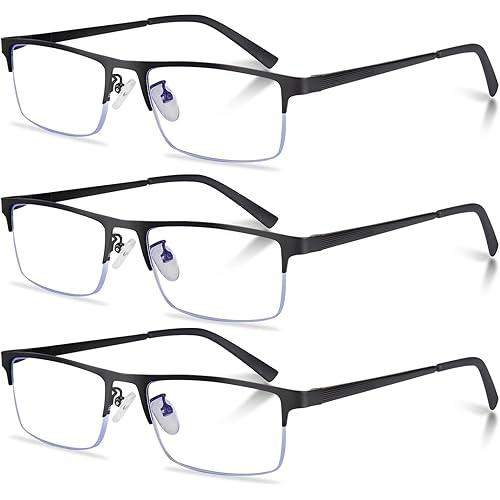 3-Pack Reading Glasses for Men, Lightweight Metal Half Frame Blue Light Blocking Computer Readers, Filter UV Ray/Computer Glare with Spring Hinge Eyeglasses(3PCS Black,+3.0)