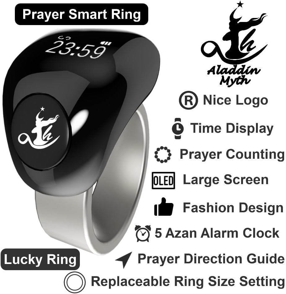 Aladdin Fashion Tasbih Smart Ring, Tasbeeh Counters, Prayer Direction Indicator Guide,5 Azan Alarm Clock,Forgiveness,Electronic Rosary,Eid al-Fitr Eid al-Adha Ramadan Gift, men women,TiColor 20-22mm