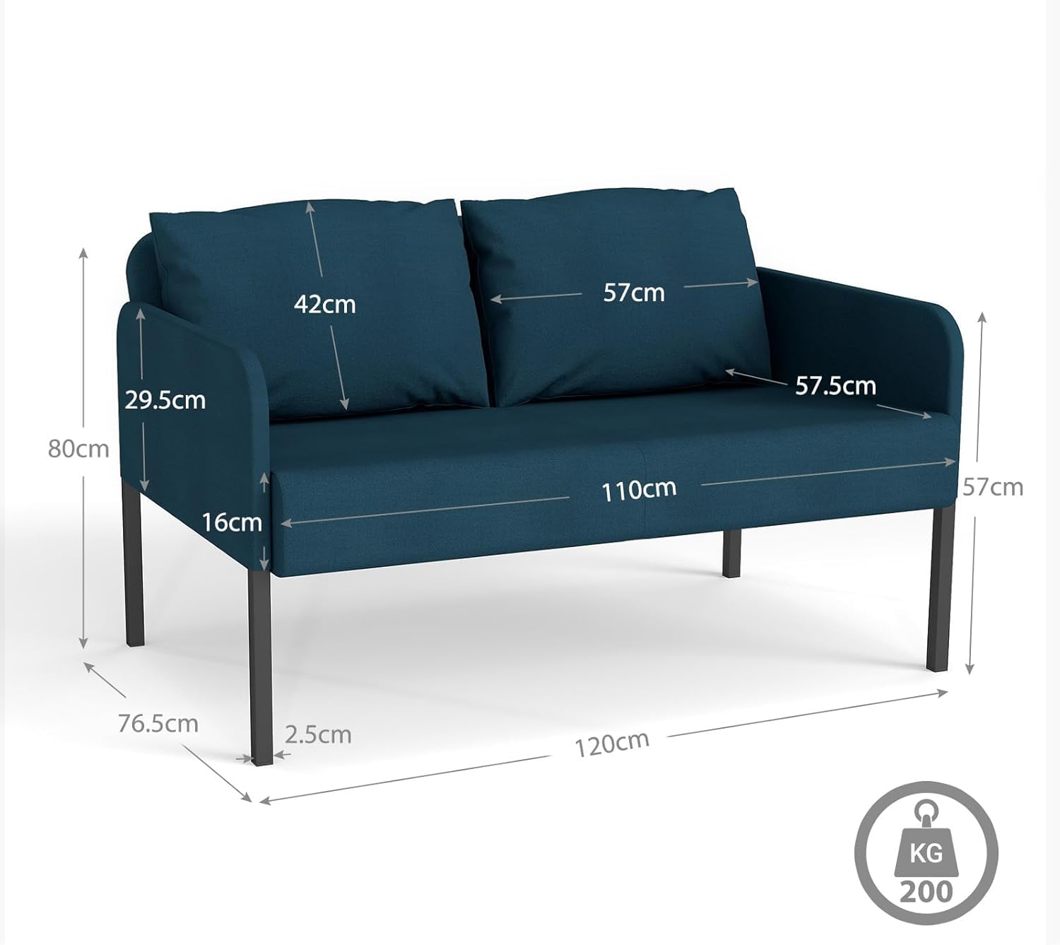 Fabulcozy, Sofá de 2 Plazas, Pequeño Sofá de Lino con Bolsillos Laterales, Estructura de Madera y 4 Patas Metálicas, Incluye 2 Cojines, Fácil Montaje, Ahorra Espacio para Salón o Piso,Azul