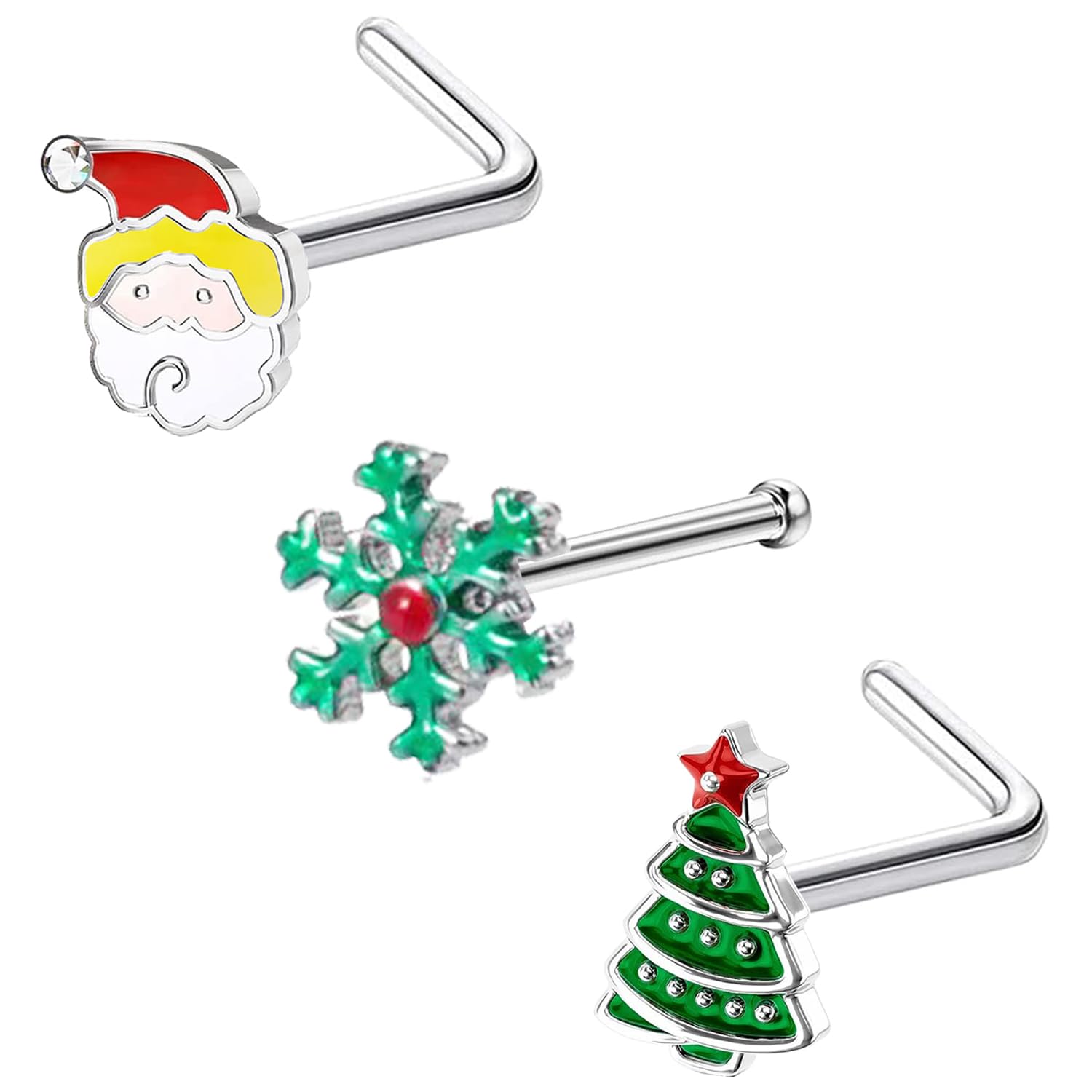 VERAMI3pcs 20G Christmas Nose Stud Nose Rings Pack Cute Surgical Steel Nose Rings Xmas Christmas tree Santa Snow Nose Stud Piercing Jewelry for Women Men