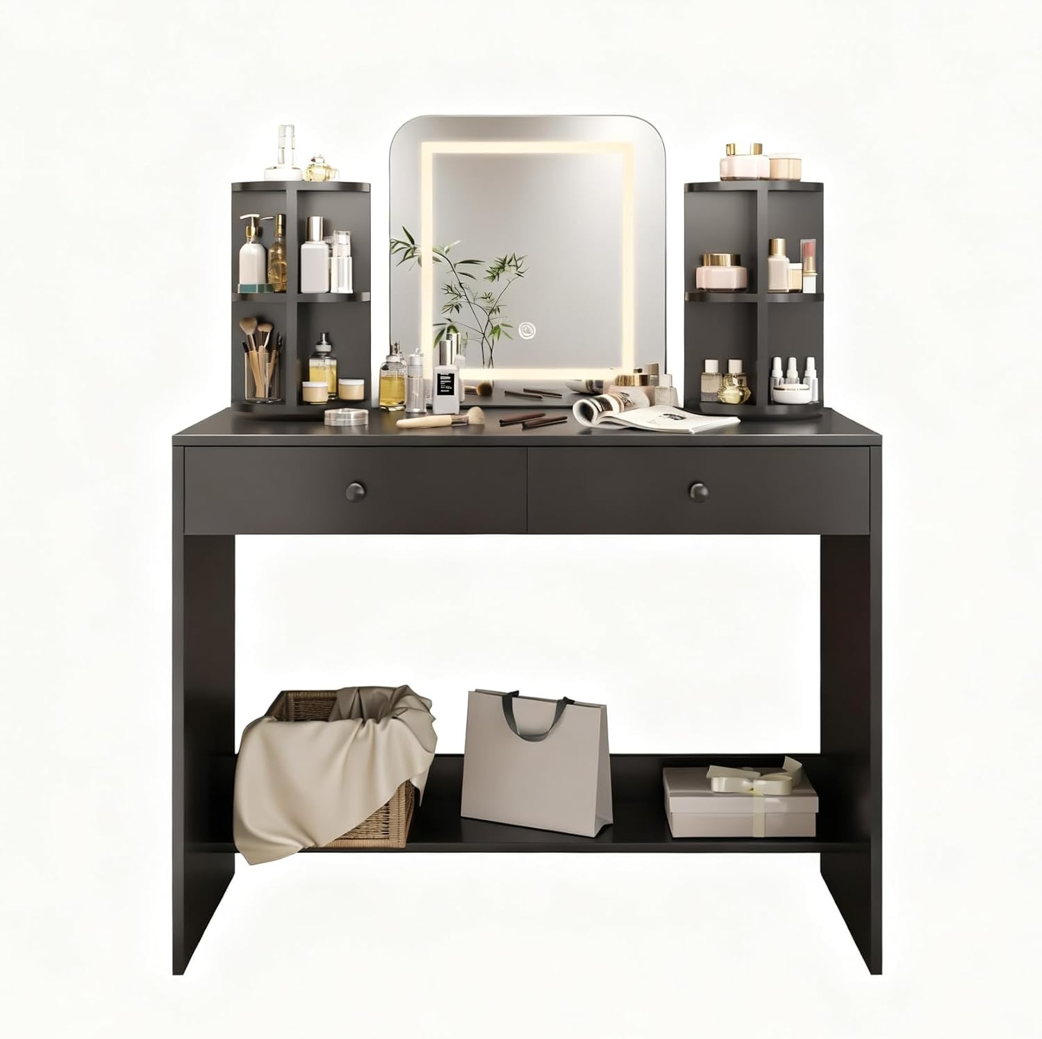 black vanity desk with led mirror & 360° rotating shelves - 3-color adjustable lights, 2 storage drawers, makeup dressing table for bedroom, women black -(rotating)