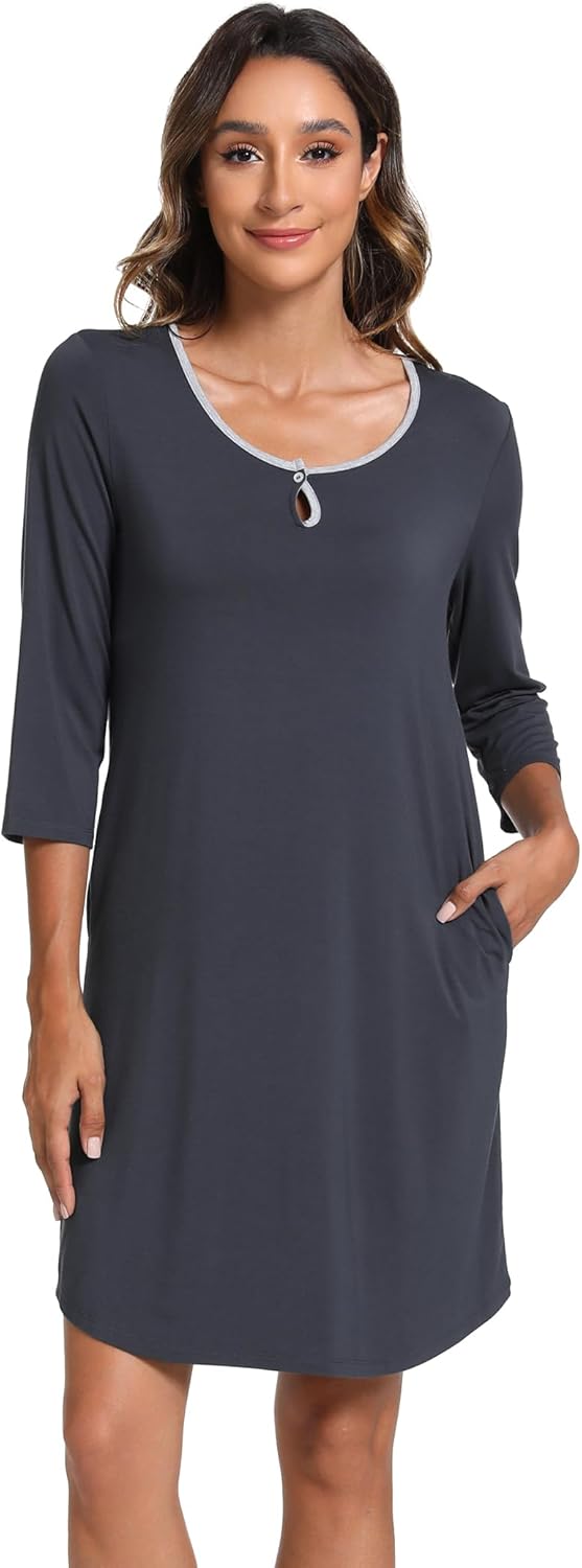 GYS Women's Nightgowns 3/4 Sleeve Scoopneck Sleep Shirt with Pockets, Bamboo-derived Viscose