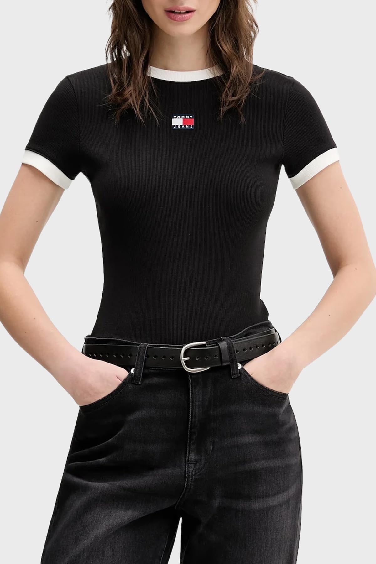 TJW SLIM SH BADGE SS RIB EXT T-shirt Kadın