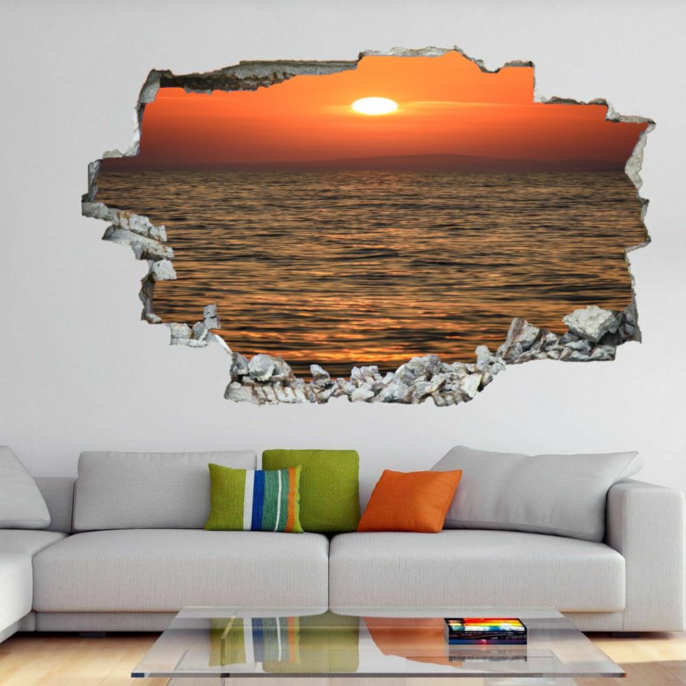 Wandbilder Wandtattoo 3D Sonnenuntergang Am Meer Wanddurchbruch Wandaufkleber Landschaft Fensterdeko Bilder Wanddeko Mädchen Aufkleber Fenstersticker Wandsticker Kinderzimmer Deko 120x80cm
