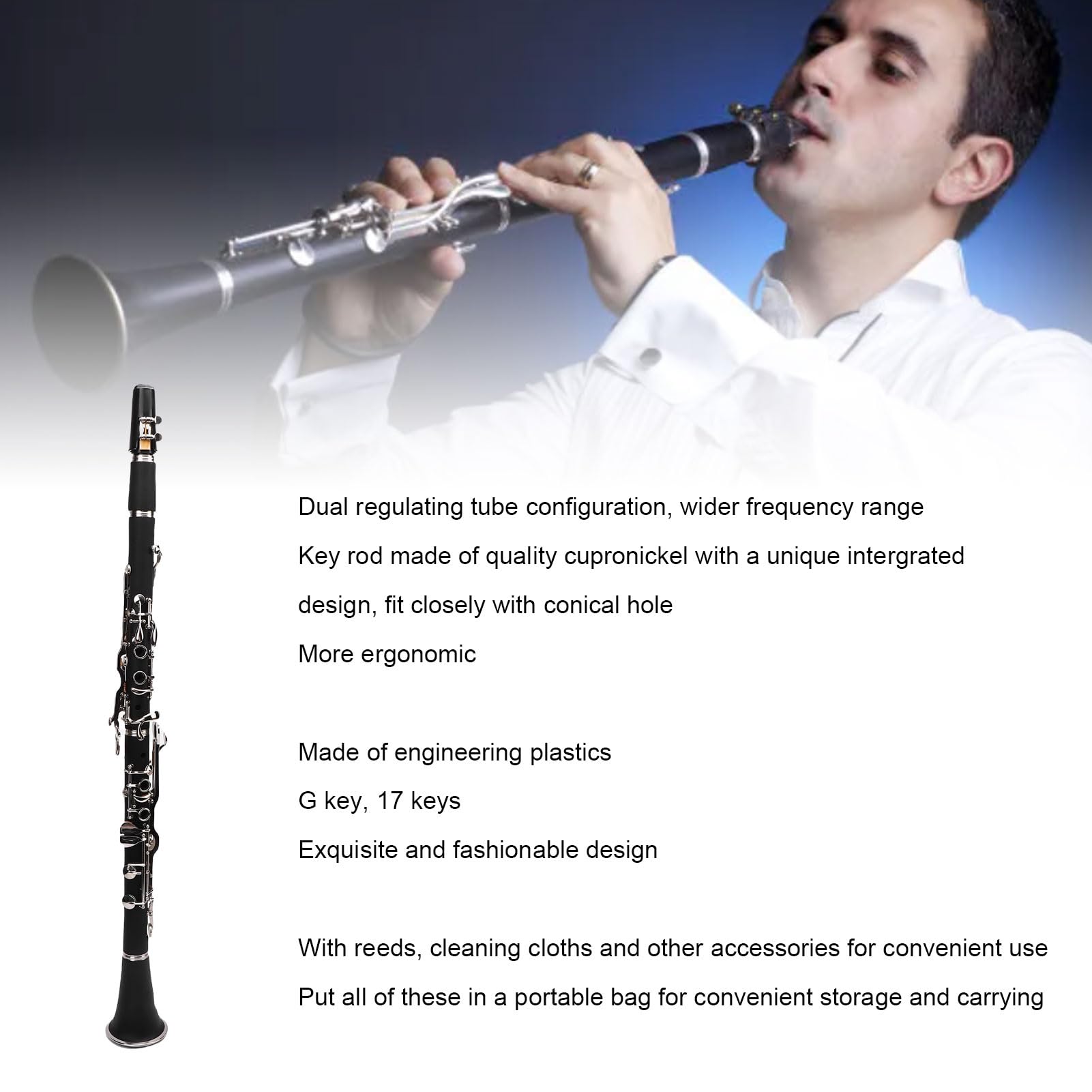Alomejor G Key Clarinet 17 Keys, Professional Ebonite Clarinete con Estuche Duro y Kit de Limpieza para Jazz, Banda de Marcha, Jarra para Adultos