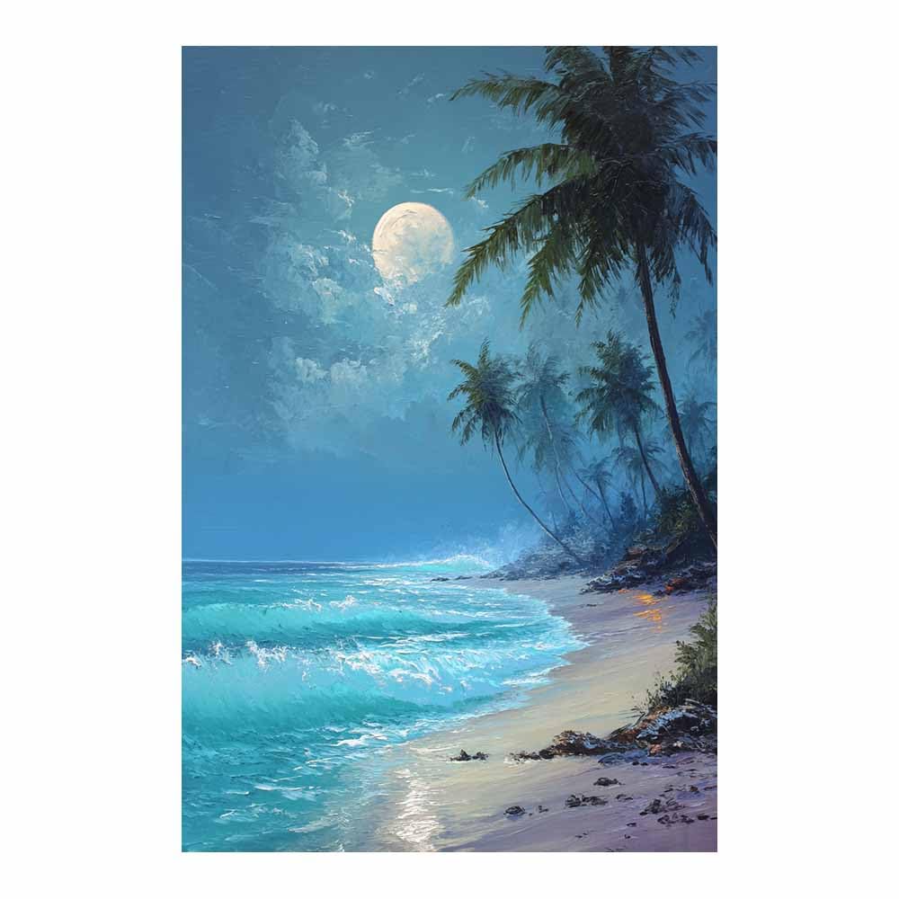 HOQIU Beautiful wall art Moonlit Tropical Beaches canvas artwork for wall, art prints, For living room, bedroom, bathroom, dining room, painting and decor.(Multicolor)-40x60cm Unframed