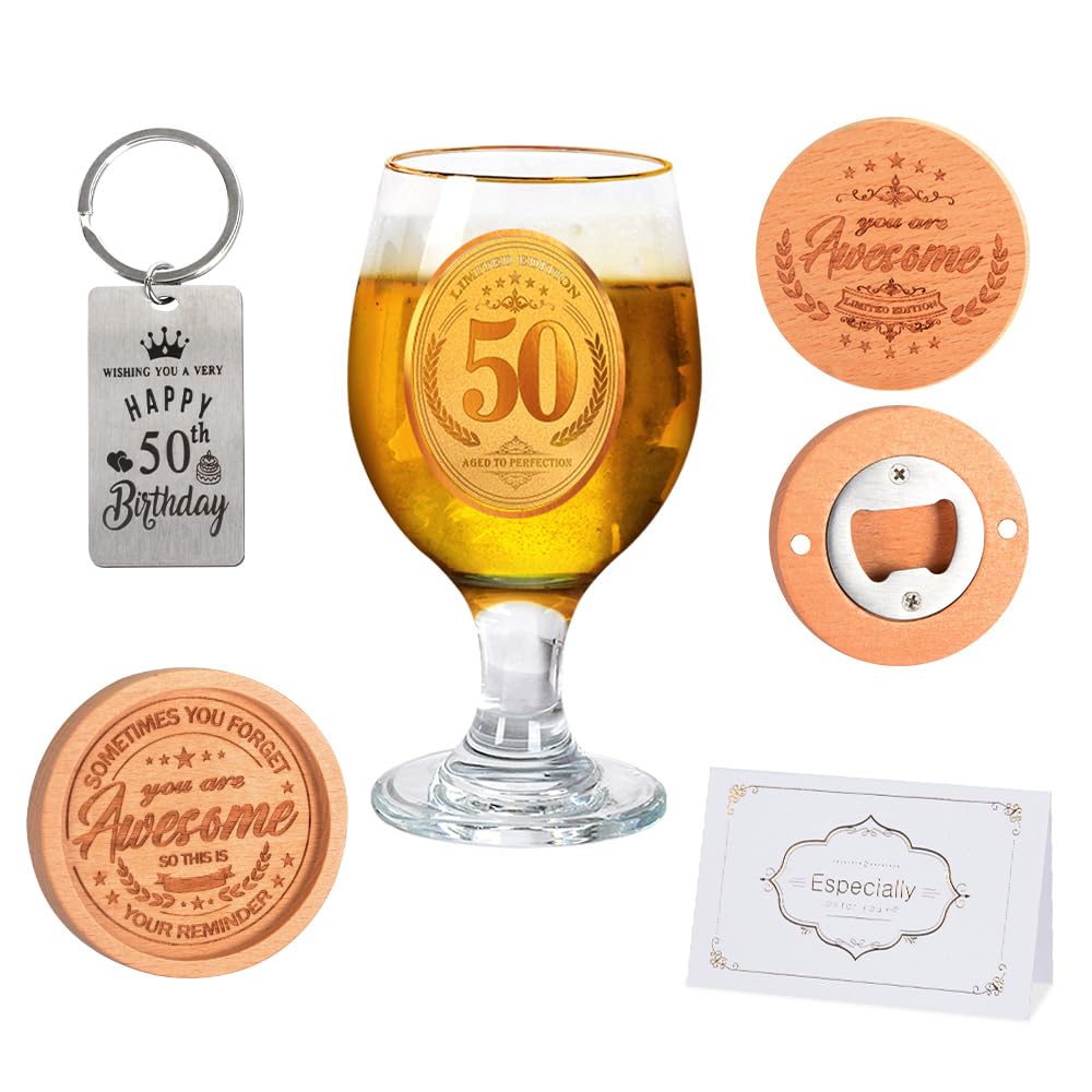 50th Beer Glass Gift for Men, 350ml Fun Beer Birthday Presents for Men with Bottle Opener, 50th Personalised Gifts for Men Women, Pint Glass Gifts for Couples Father Husband Uncle Brother(50th)