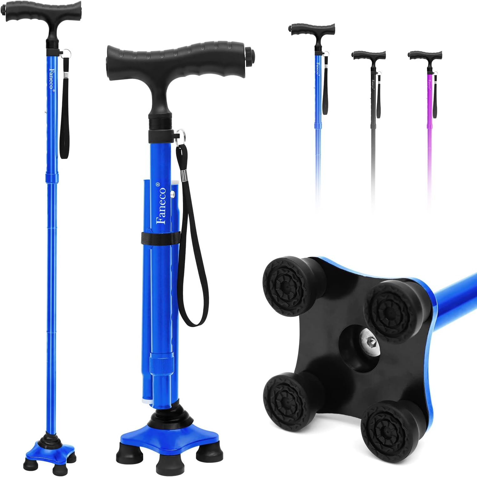 Walking Cane, Cane with LED Light, Pivoting Quad Base, Adjustable Walking Stick for Men/Women